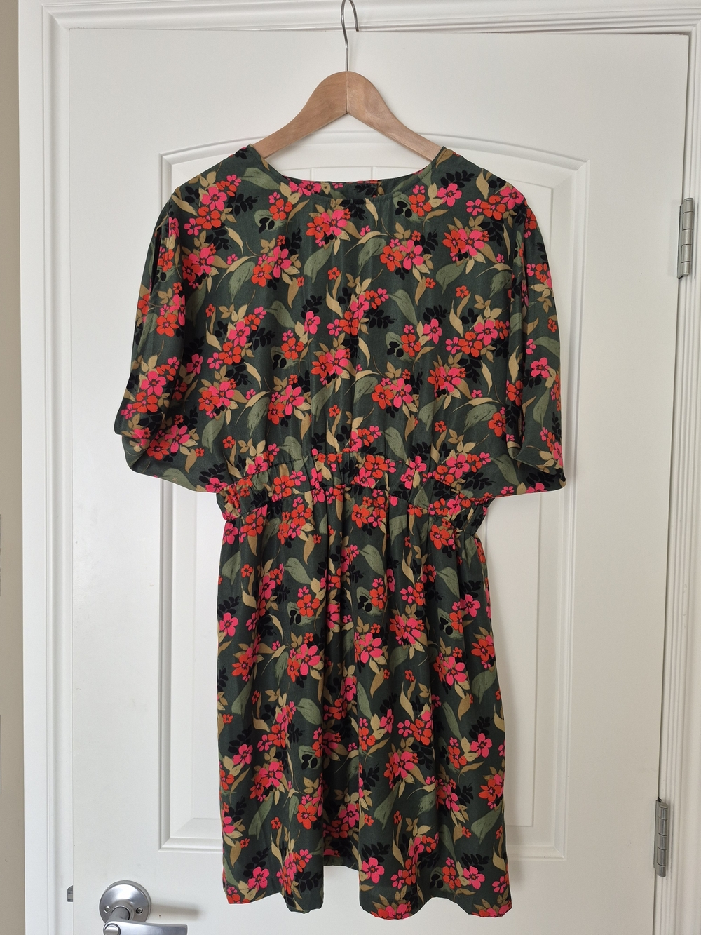 Olive Green Floral Mini Dress with Pink Blooms